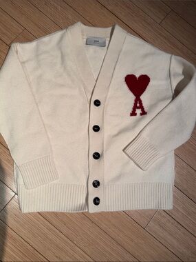Ami Cream Cardigan with Red Heart 'A' Logo
